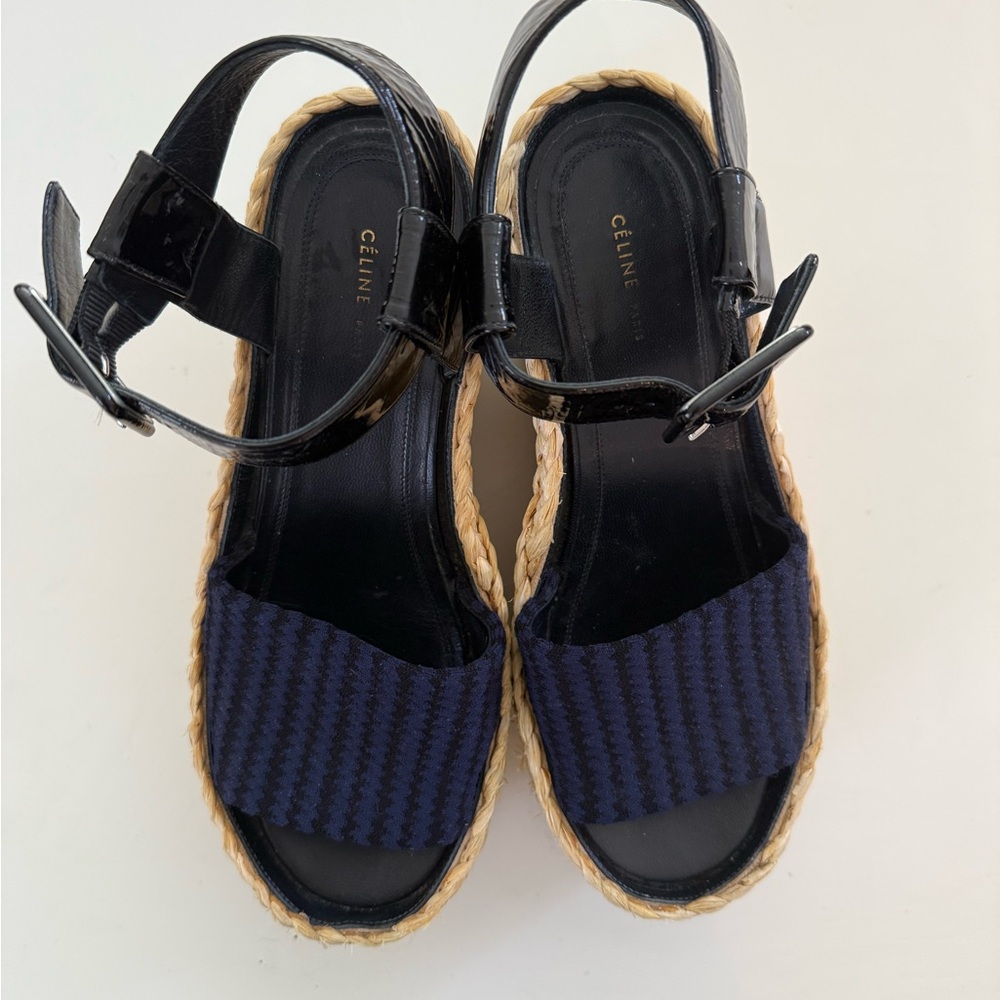 Celine Black and Navy Wedge Sandals